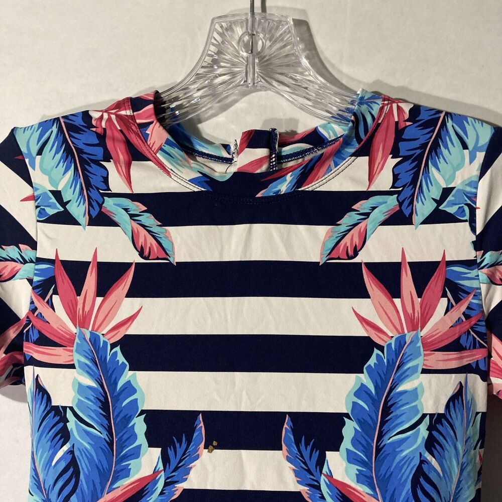 TOMMY BAHAMA blue white striped multicolor floral crew neck uv top XS - Picture 2 of 8